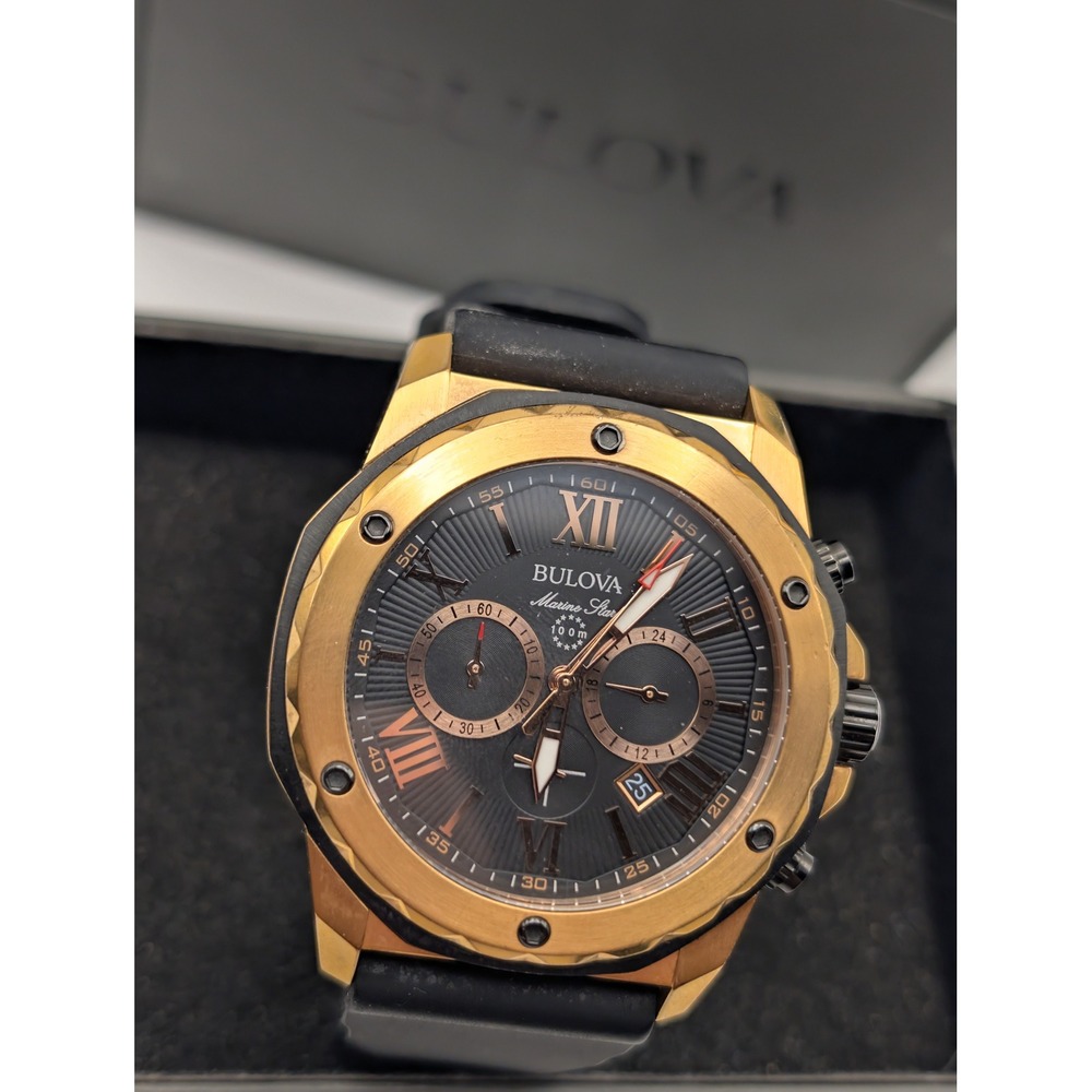 Bulova Marine Star Watch Mens OS Black Gold Good Chronograph 98B104 Luxury Sport